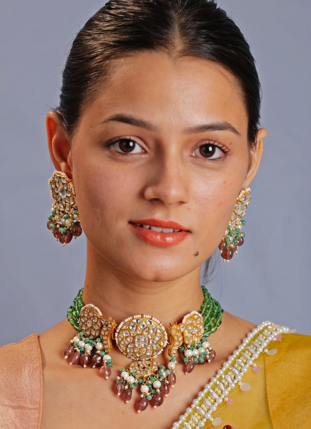 Gold Plated Pink And Green Beaded Choker Necklace Set Kalyani Indian Jewelry - Fabilicious Fashion