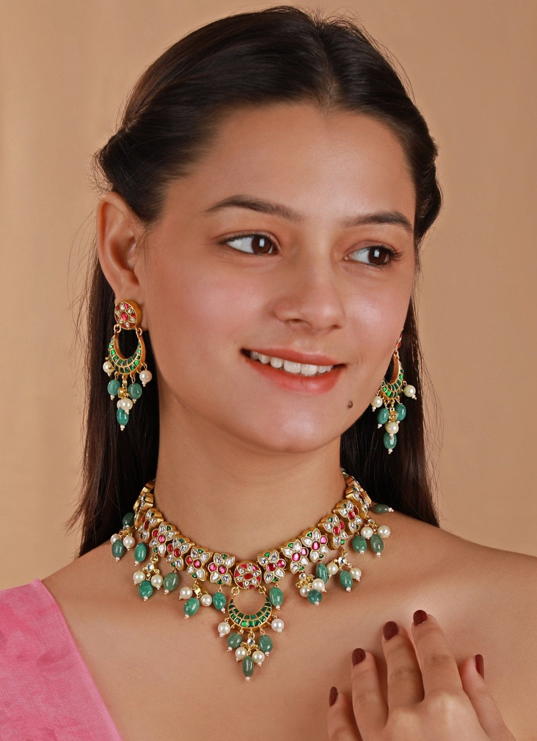 Gold Plated Pink And Green Beaded Choker Necklace Set Kalyani Indian Jewelry - Fabilicious Fashion