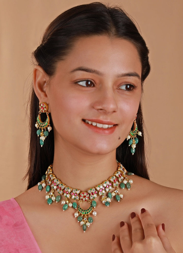 Gold Plated Pink And Green Beaded Choker Necklace Set Kalyani Indian Jewelry - Fabilicious Fashion