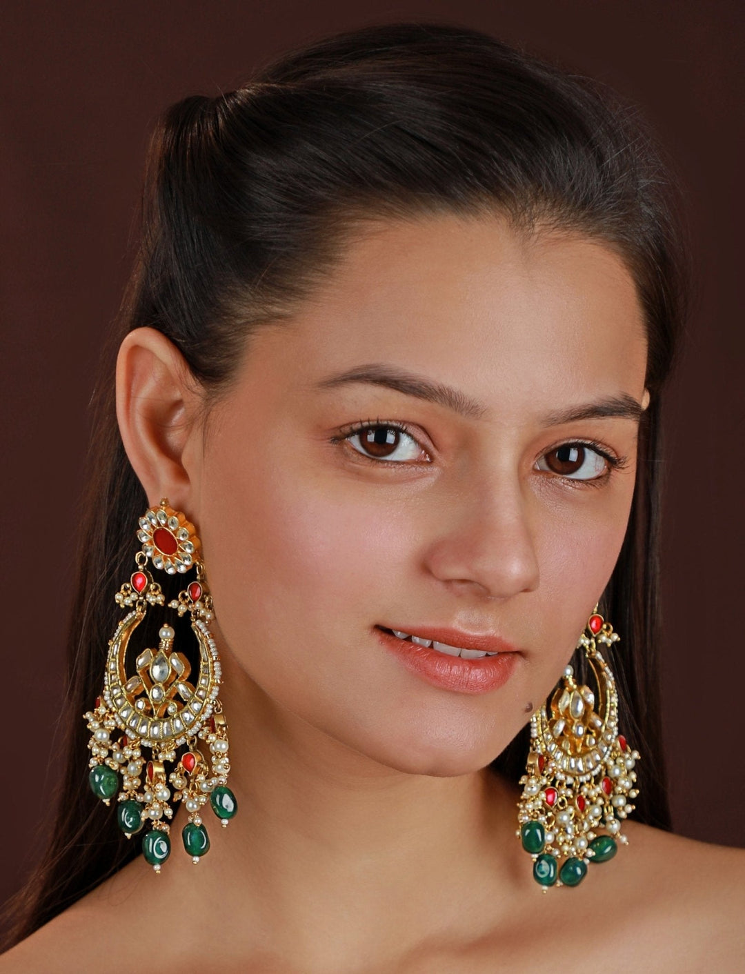 Gold Plated Pink And Green Beaded Jadau Chandbali Earrings Kalyani Indian Jewelry - Fabilicious Fashion