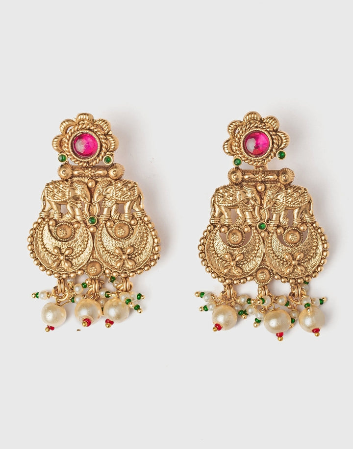 Gold Plated Pink And Green Chandbali Earrings With Pearl Drops Vivinia by Vidhi Mehra - Fabilicious Fashion