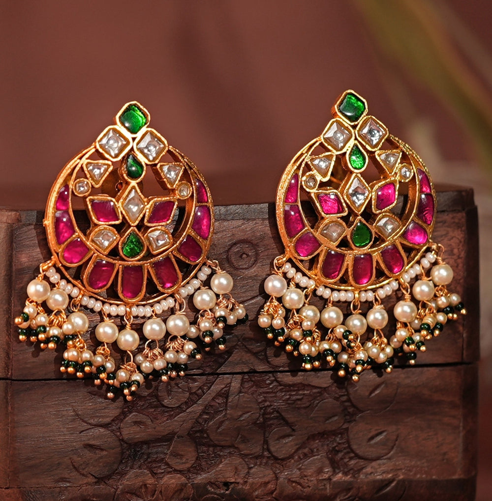 Gold Plated Pink And Green Chandshade Stud Earrings Kalyani Indian Jewelry - Fabilicious Fashion