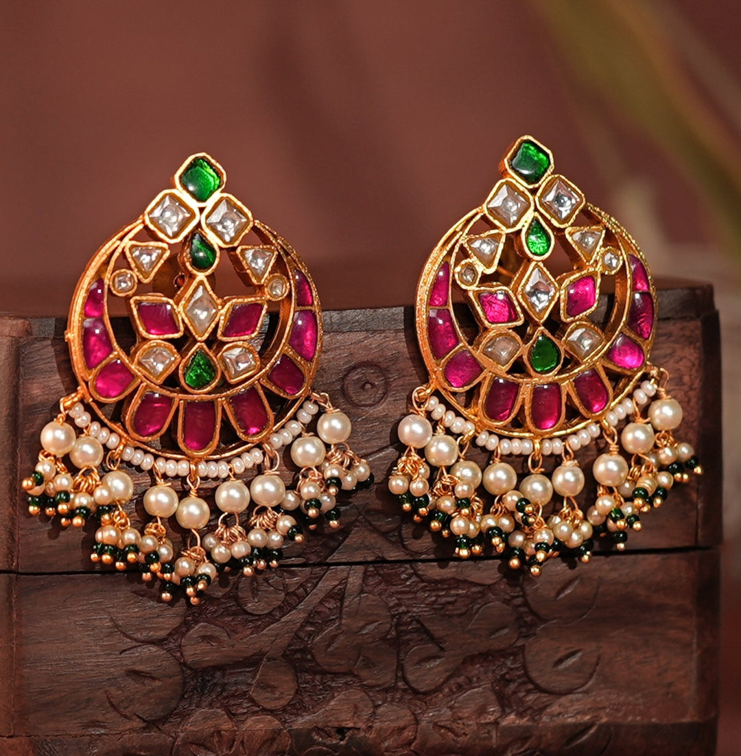 Gold Plated Pink And Green Chandshade Stud Earrings Kalyani Indian Jewelry - Fabilicious Fashion