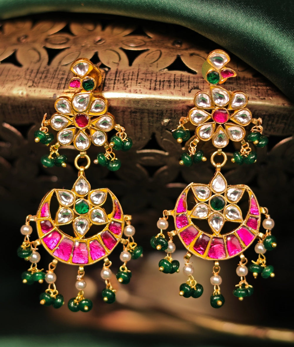 Gold Plated Pink And Green Dangler Earrings Kalyani Indian Jewelry - Fabilicious Fashion