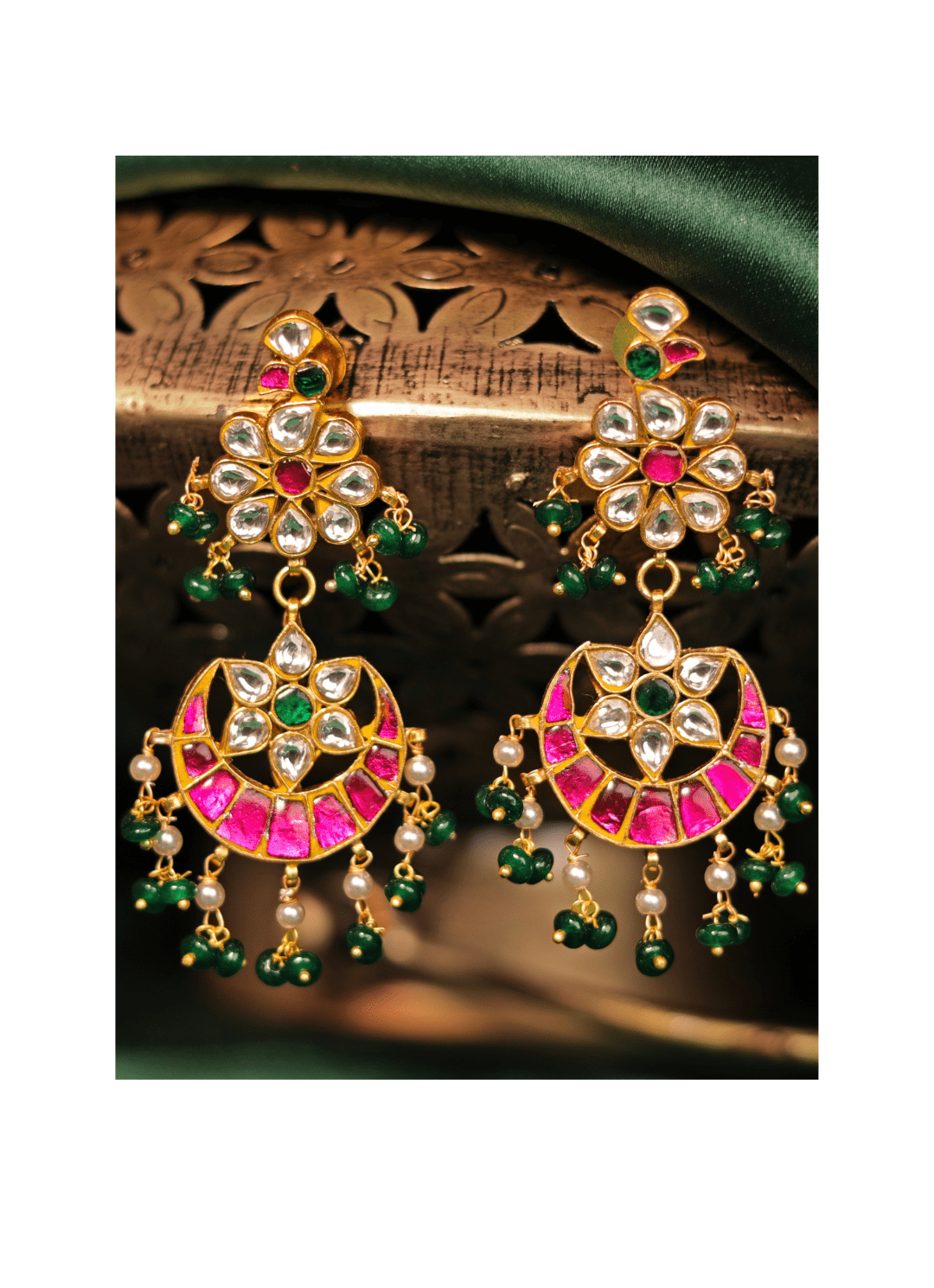 Gold Plated Pink And Green Dangler Earrings Kalyani Indian Jewelry - Fabilicious Fashion