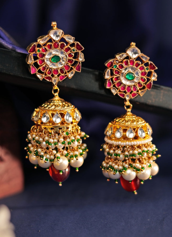 Gold Plated Pink And Green Jhumka With Pearl Kalyani Indian Jewelry - Fabilicious Fashion