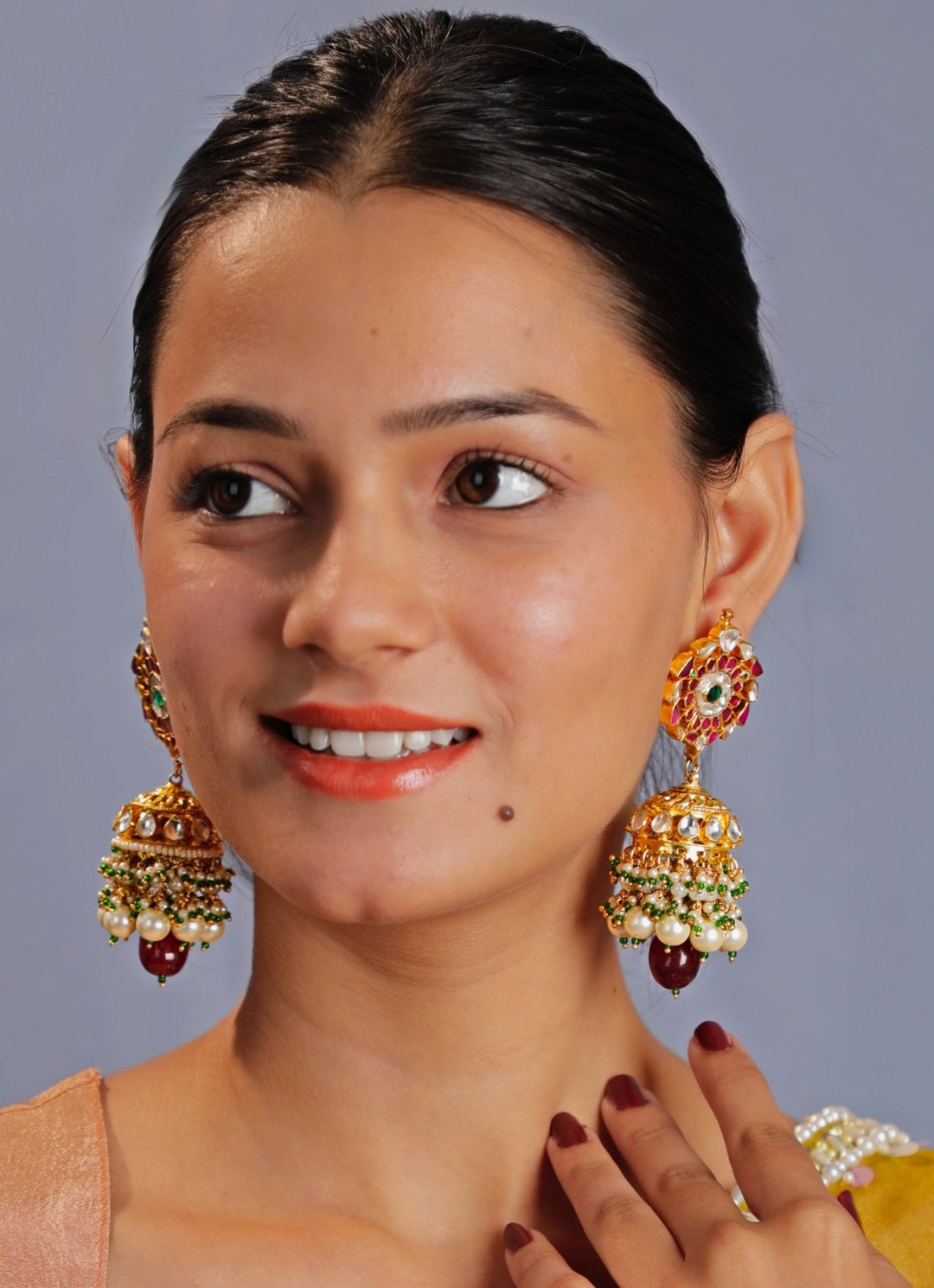 Gold Plated Pink And Green Jhumka With Pearl Kalyani Indian Jewelry - Fabilicious Fashion
