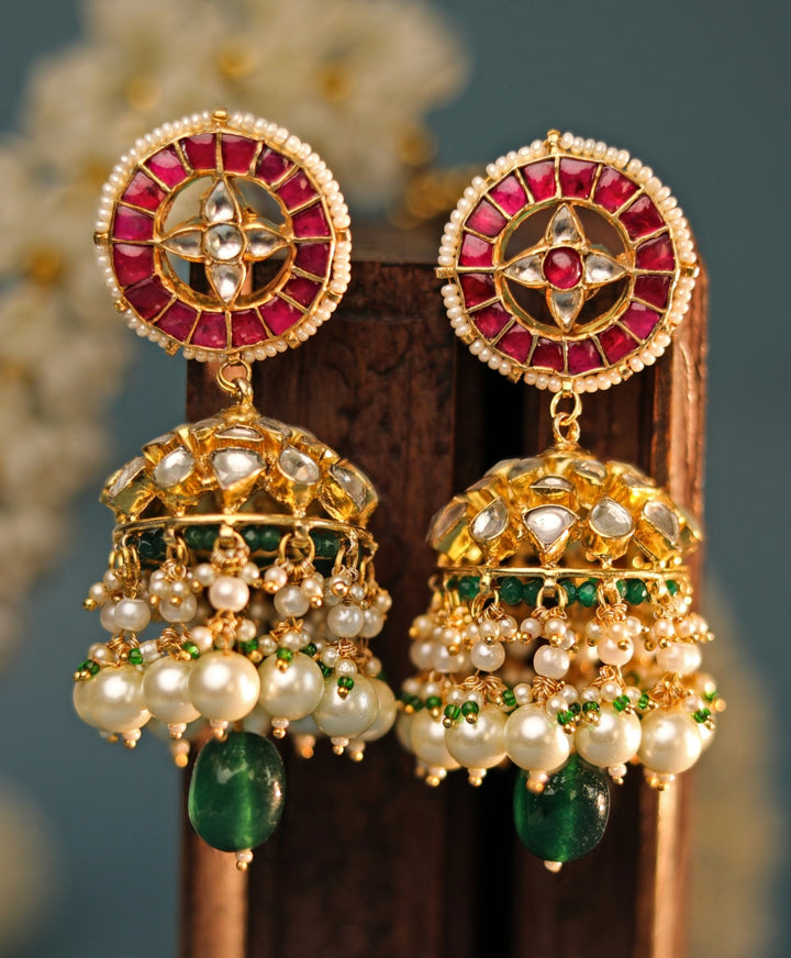 Gold Plated Pink And Green Jhumka With White Pearl Kalyani Indian Jewelry - Fabilicious Fashion