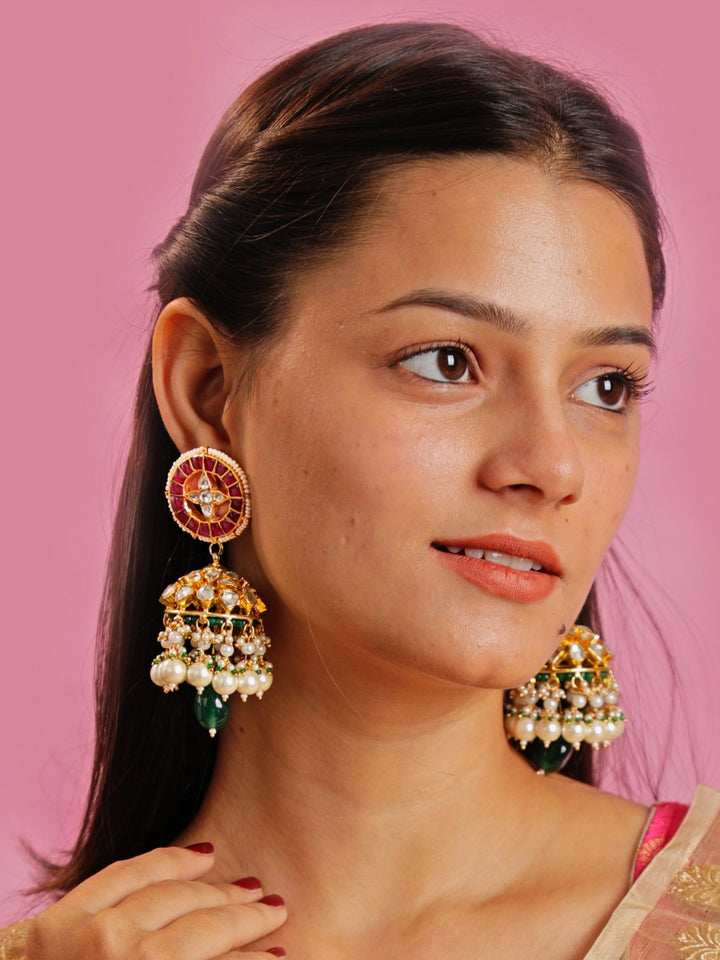 Gold Plated Pink And Green Jhumka With White Pearl Kalyani Indian Jewelry - Fabilicious Fashion