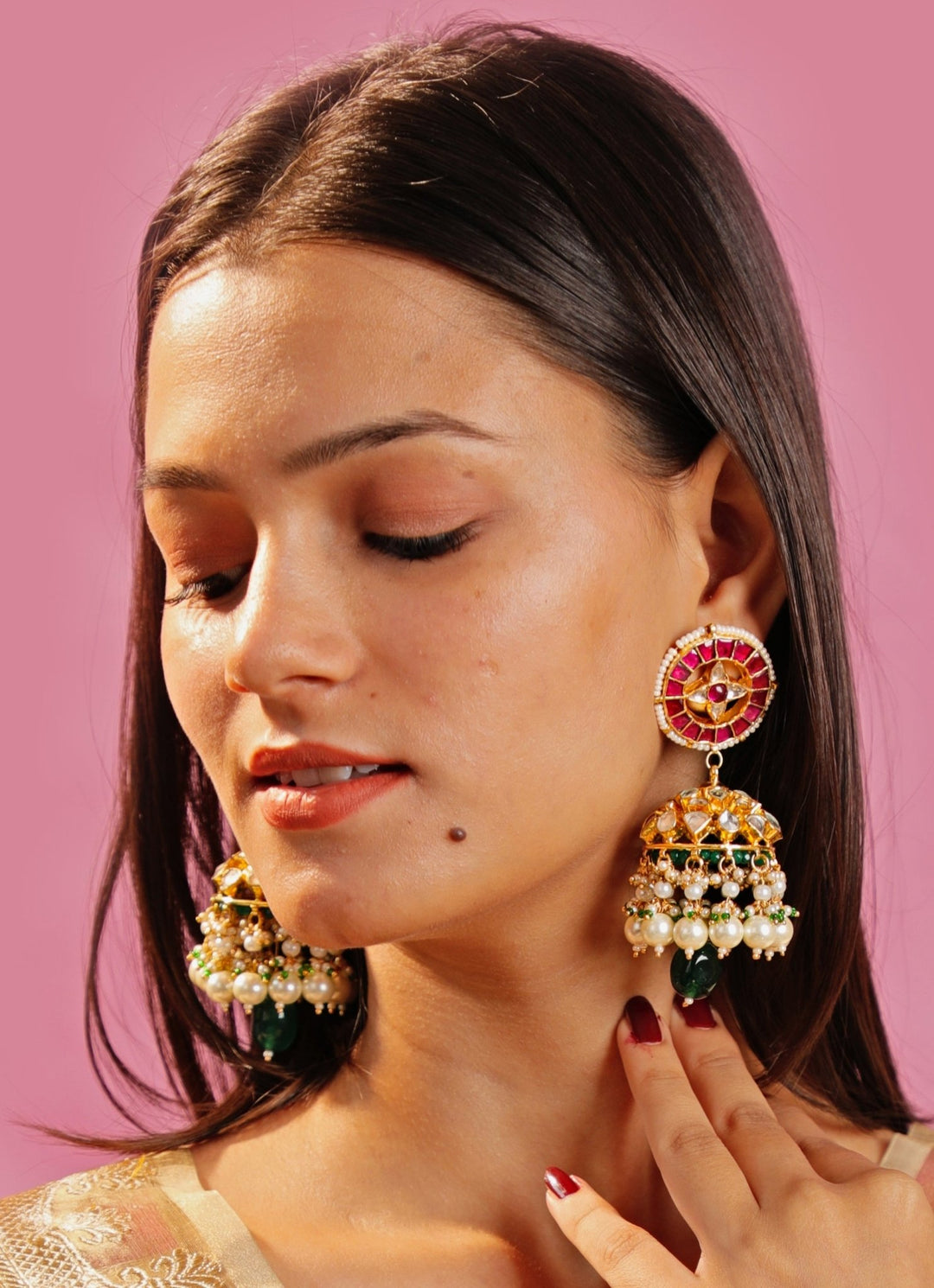 Gold Plated Pink And Green Jhumka With White Pearl Kalyani Indian Jewelry - Fabilicious Fashion