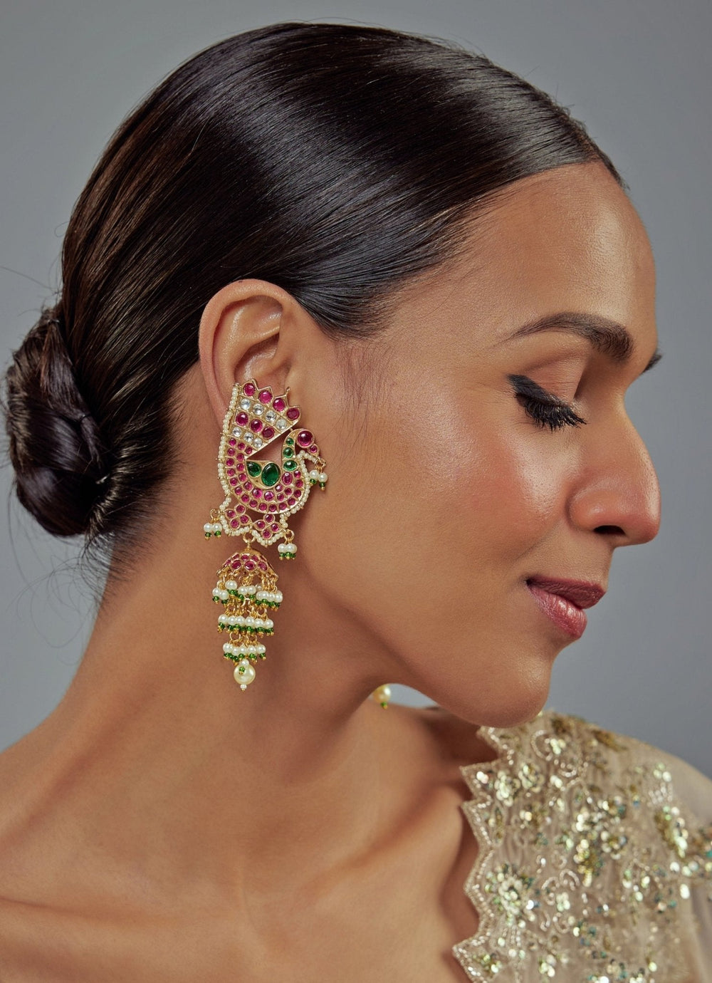 Gold Plated Pink And Green Kundan Danglers Earrings Vivinia by Vidhi Mehra - Fabilicious Fashion