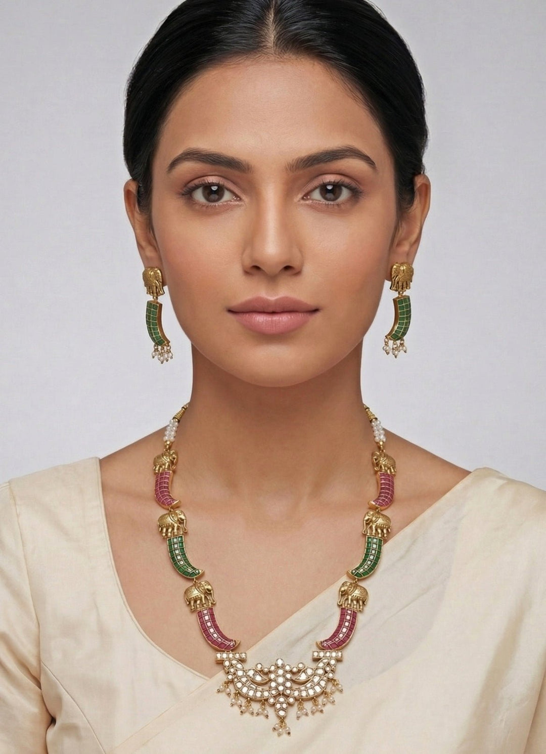 Zevar by Geeta Gold Plated Pink And Green Kundan Long Necklace SetFabilicious Fashion