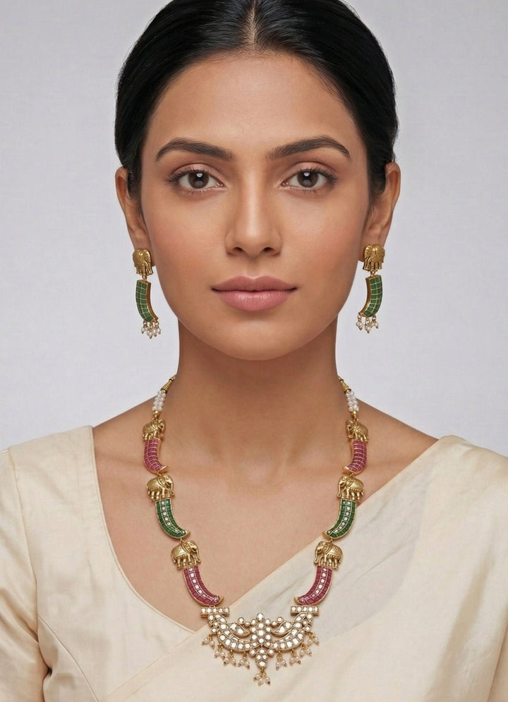 Zevar by Geeta Gold Plated Pink And Green Kundan Long Necklace SetFabilicious Fashion