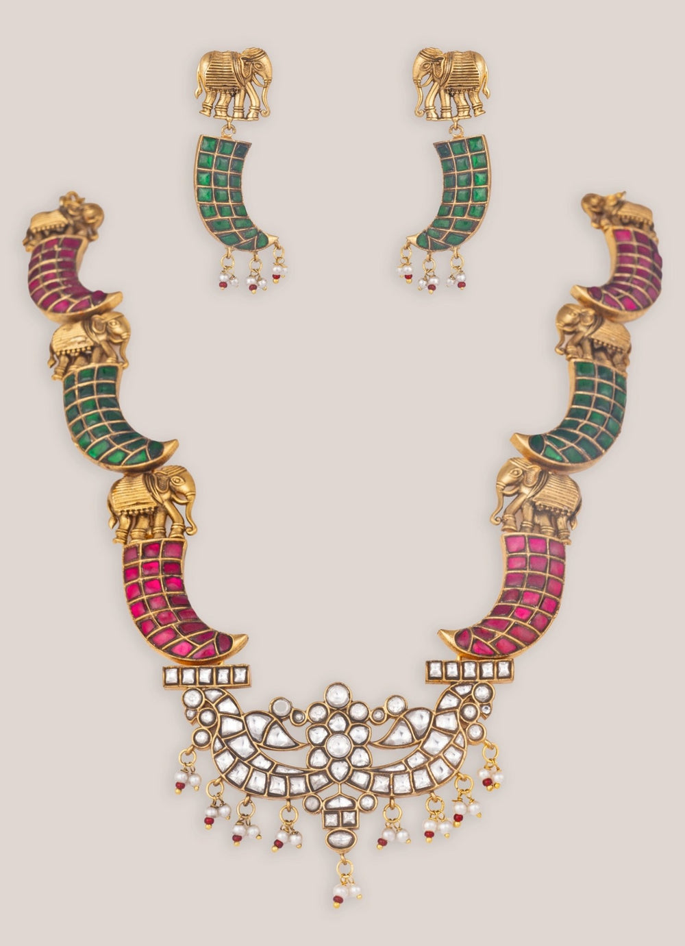 Zevar by Geeta Gold Plated Pink And Green Kundan Long Necklace SetFabilicious Fashion