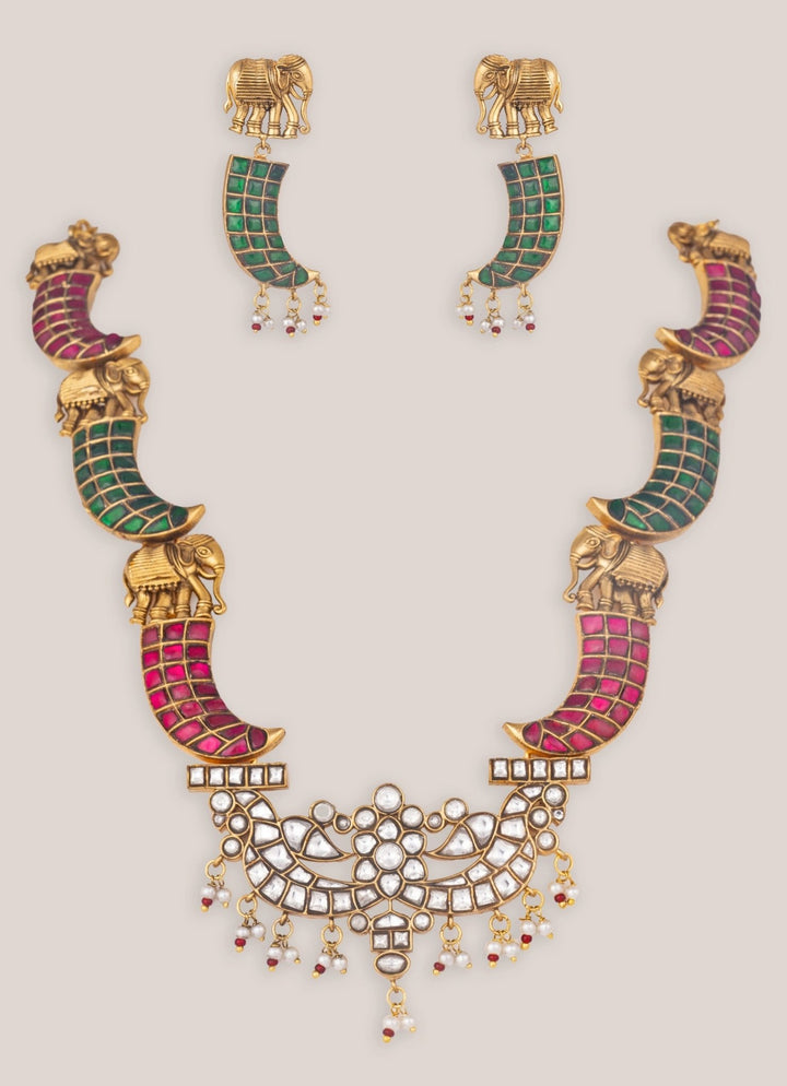 Zevar by Geeta Gold Plated Pink And Green Kundan Long Necklace SetFabilicious Fashion