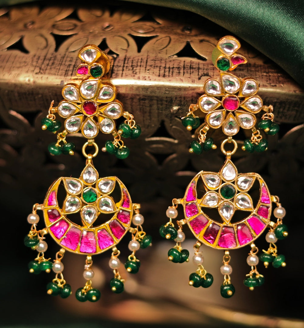 Gold Plated Pink And Green Long Necklace Set With Chandbali Earrings Kalyani Indian Jewelry - Fabilicious Fashion