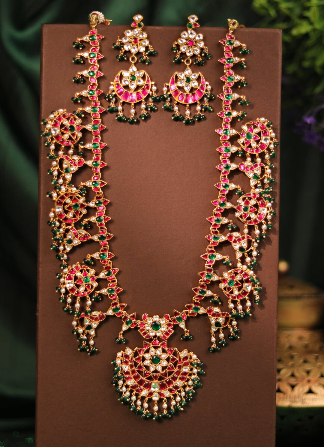 Gold Plated Pink And Green Long Necklace Set Kalyani Indian