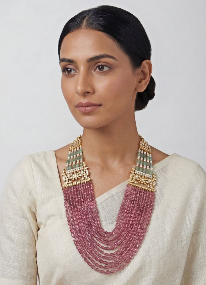 Zevar by Geeta Gold Plated Pink And Green Pearl MaalaFabilicious Fashion