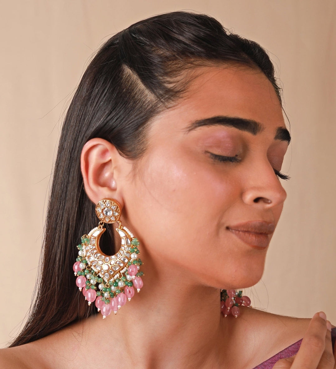 Gold Plated Pink And Green Stone Chandbali Earrings Riana by Shikha Jindal - Fabilicious Fashion