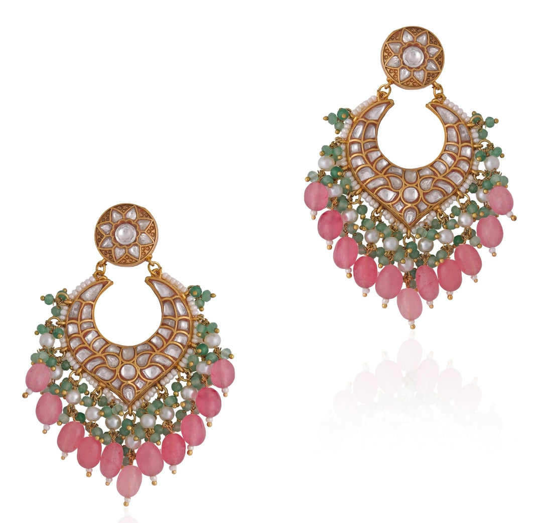 Gold Plated Pink And Green Stone Chandbali Earrings Riana by Shikha Jindal - Fabilicious Fashion
