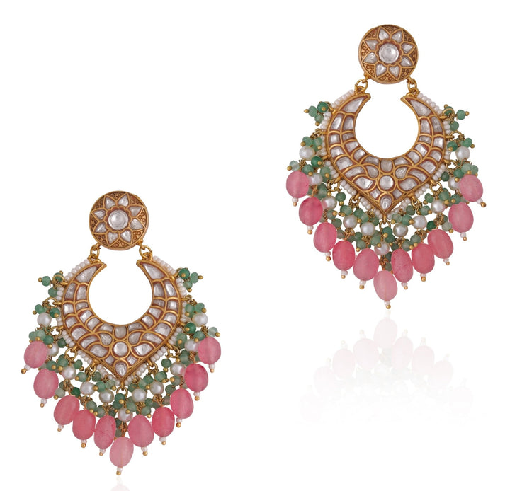 Gold Plated Pink And Green Stone Chandbali Earrings Riana by Shikha Jindal - Fabilicious Fashion