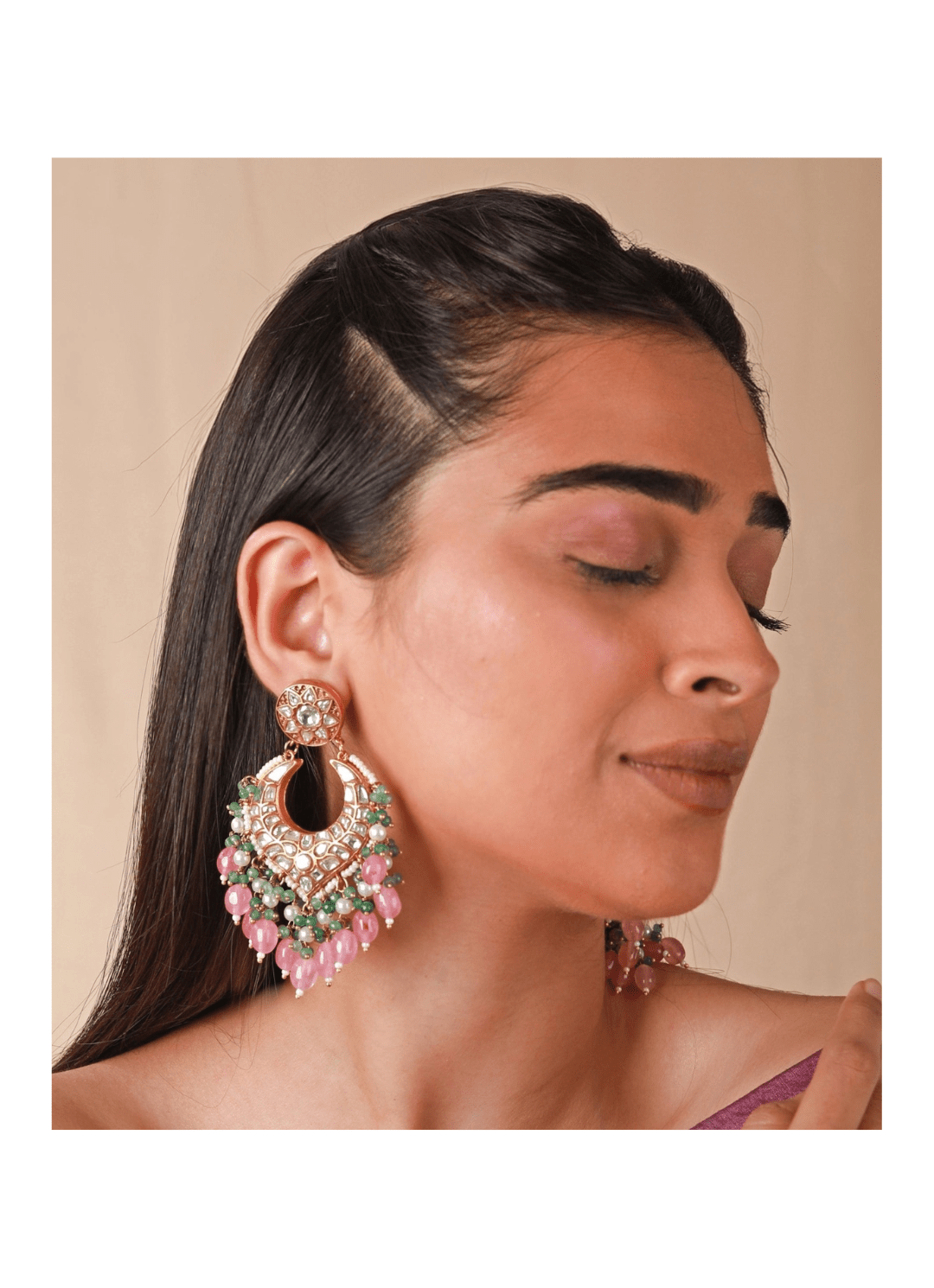 Gold Plated Pink And Green Stone Chandbali Earrings Riana by Shikha Jindal - Fabilicious Fashion