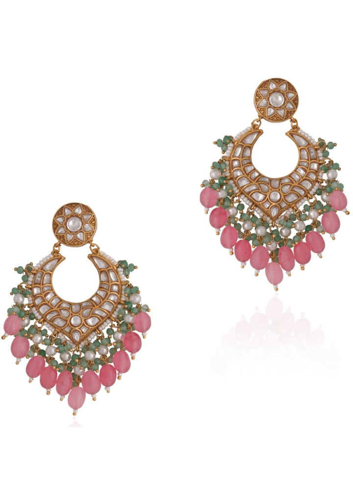 Gold Plated Pink And Green Stone Chandbali Earrings Riana by Shikha Jindal - Fabilicious Fashion