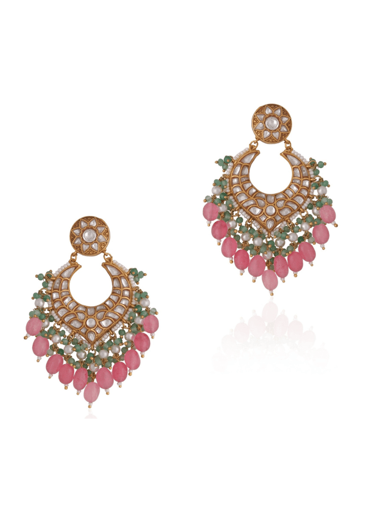 Gold Plated Pink And Green Stone Chandbali Earrings Riana by Shikha Jindal - Fabilicious Fashion