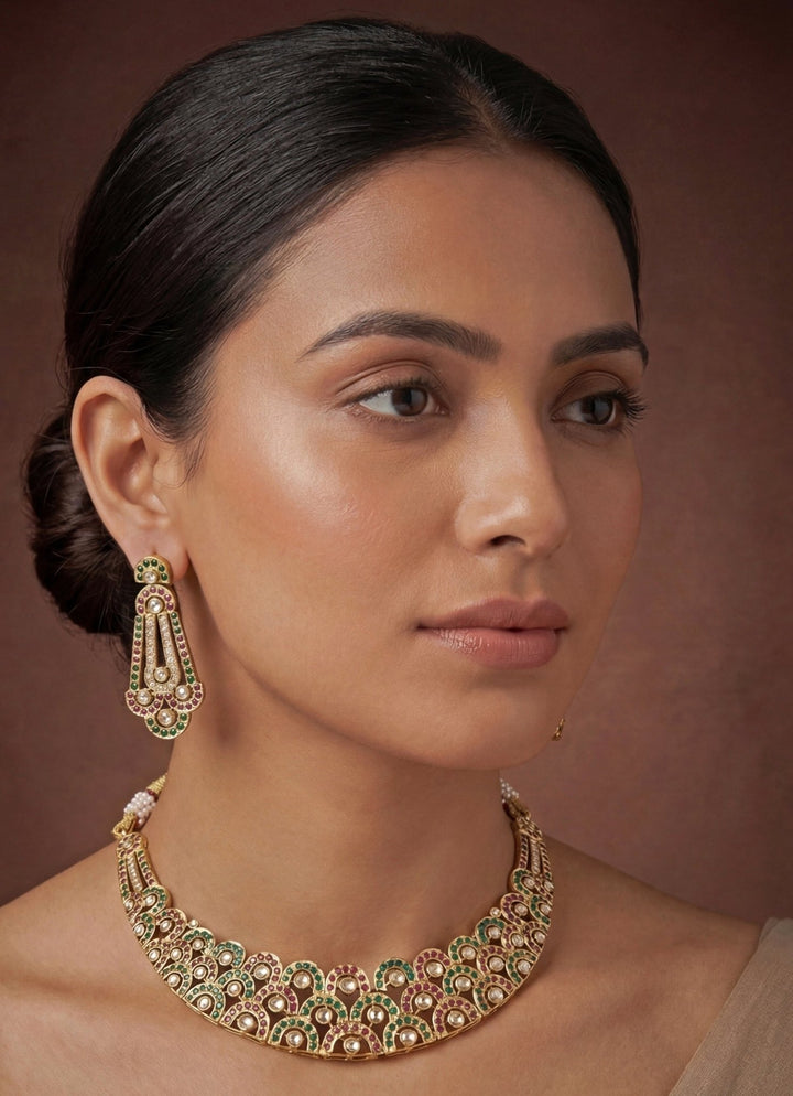 Zevar by Geeta Gold Plated Pink And Green Stones Jadau Necklace SetFabilicious Fashion