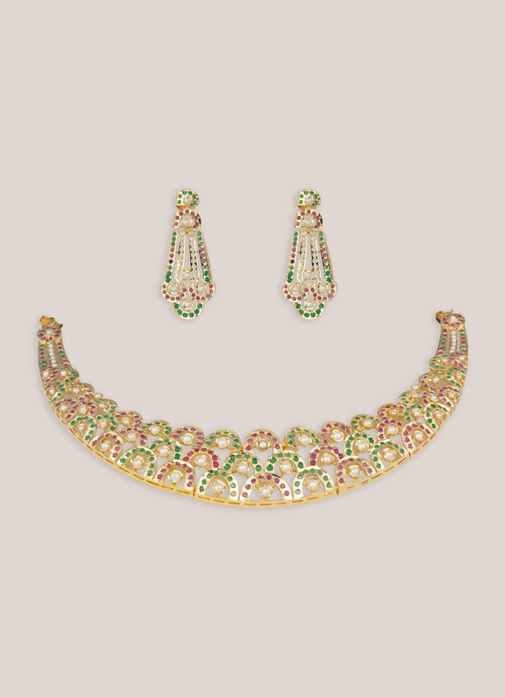 Zevar by Geeta Gold Plated Pink And Green Stones Jadau Necklace SetFabilicious Fashion