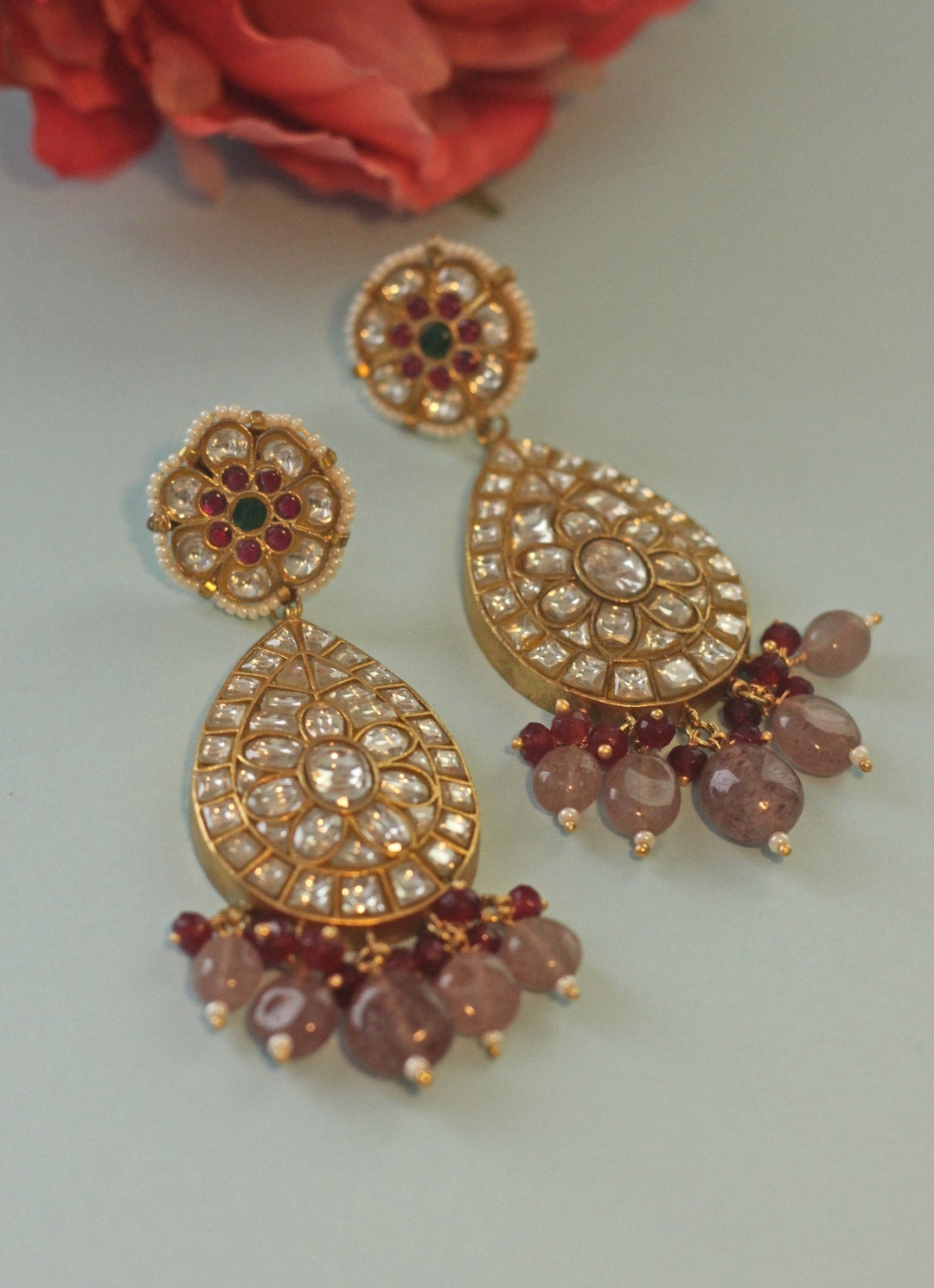 Gold Plated Pink And Jadtar Beads Earrings Kalyani Indian Jewelry - Fabilicious Fashion