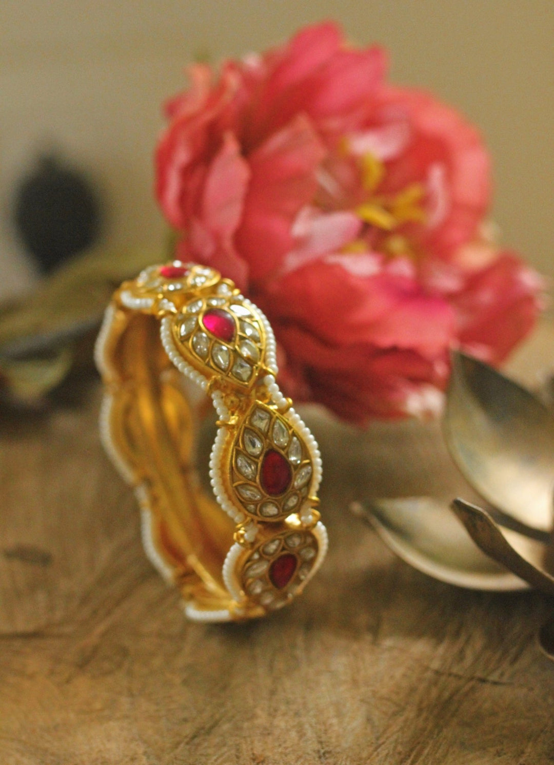 Gold Plated Pink And White Jadau Bangle Riana by Shikha Jindal - Fabilicious Fashion