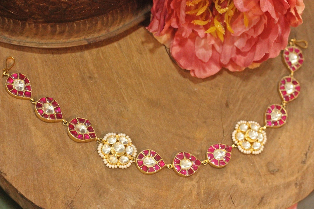Gold Plated Pink And White Jadau Hairband Kalyani Indian Jewelry - Fabilicious Fashion