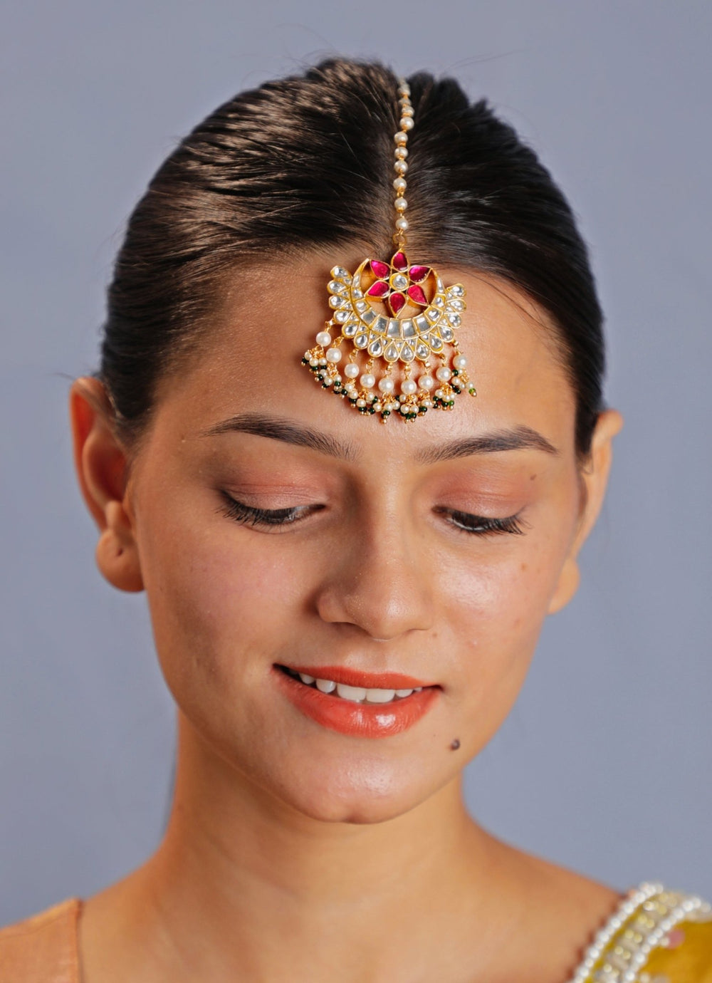Gold Plated Pink And White Jadtar Maang Tikka With White Hangings Kalyani Indian Jewelry - Fabilicious Fashion