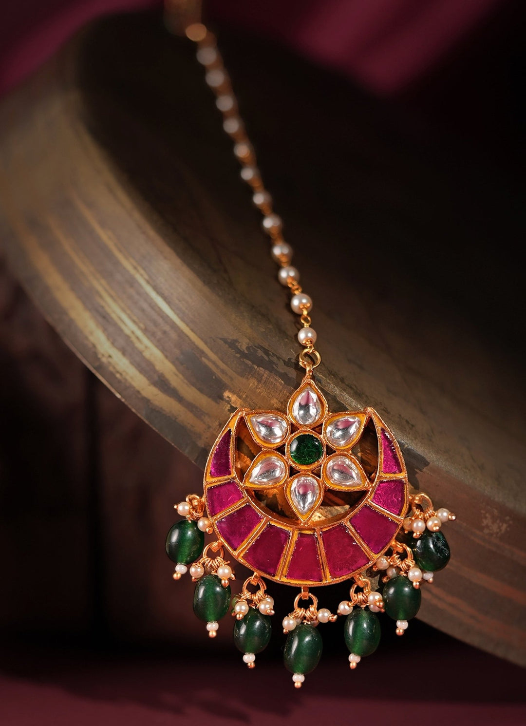 Gold Plated Pink And White Jadtar Stone Maang Tikka With Green Hangings Kalyani Indian Jewelry - Fabilicious Fashion