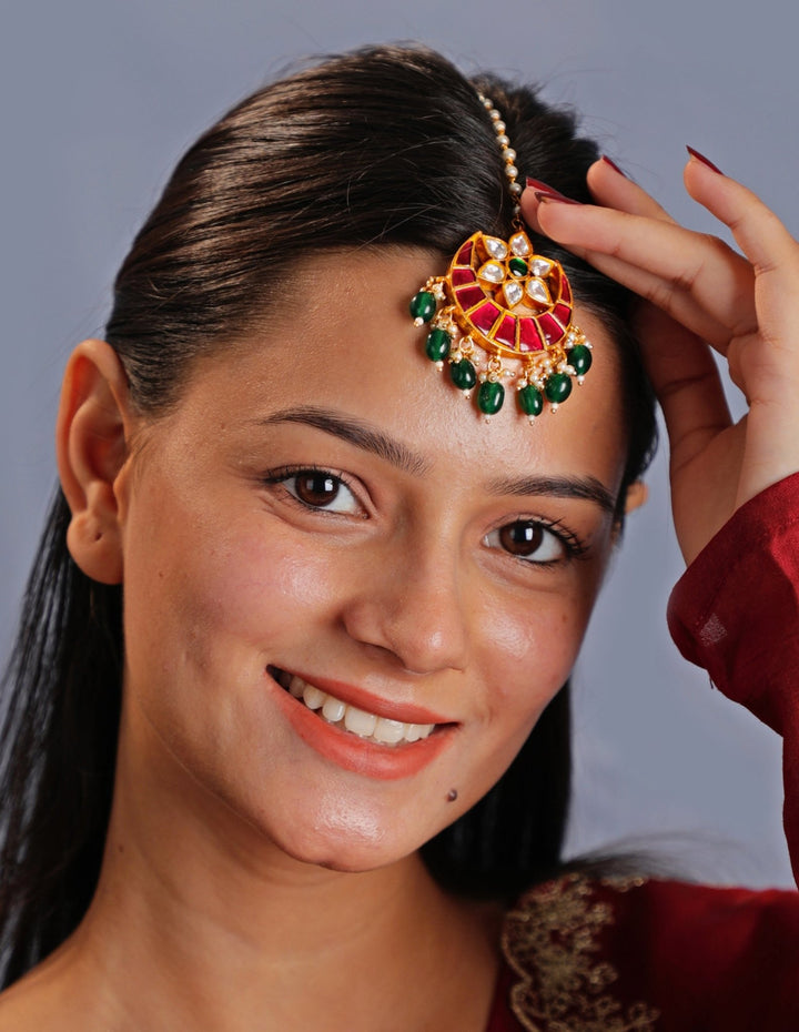 Gold Plated Pink And White Jadtar Stone Maang Tikka With Green Hangings Kalyani Indian Jewelry - Fabilicious Fashion
