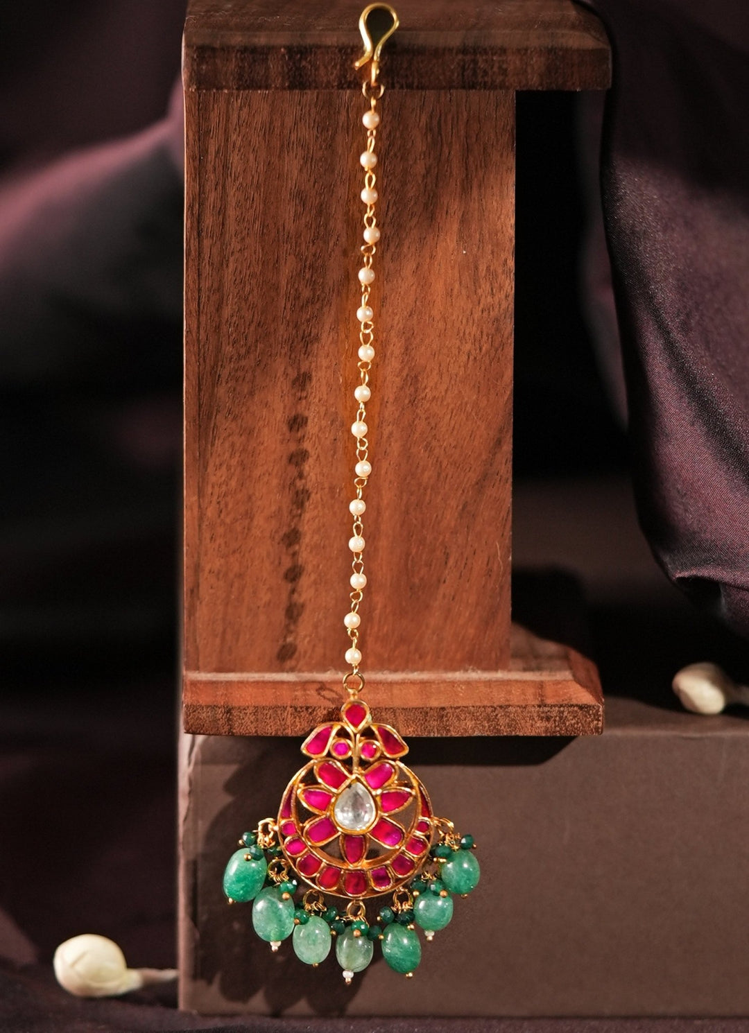 Gold Plated Pink And White Pearl Maang Tikka With Green Hangings Kalyani Indian Jewelry - Fabilicious Fashion