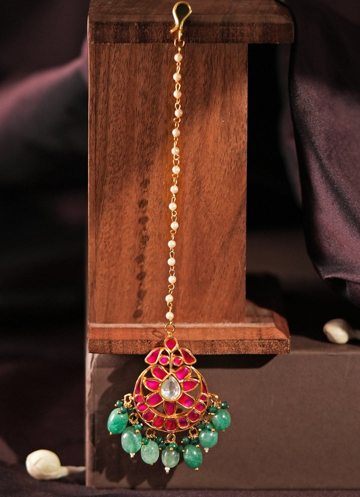 Gold Plated Pink And White Pearl Maang Tikka With Green Hangings Kalyani Indian Jewelry - Fabilicious Fashion