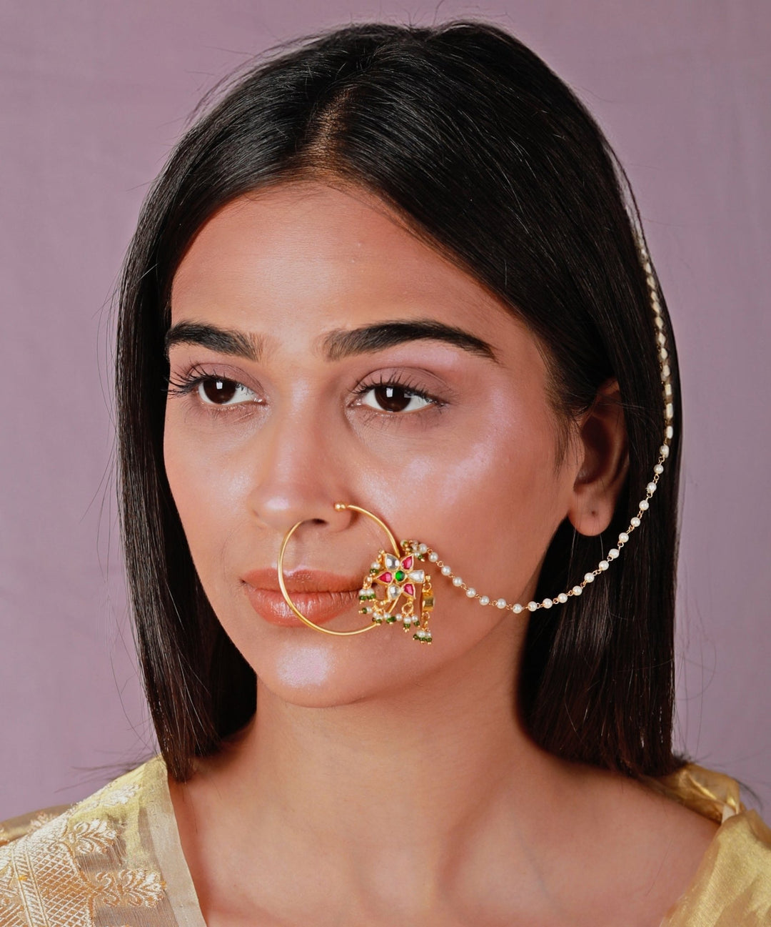 Gold Plated Pink And White Stone Nath Riana by Shikha Jindal - Fabilicious Fashion