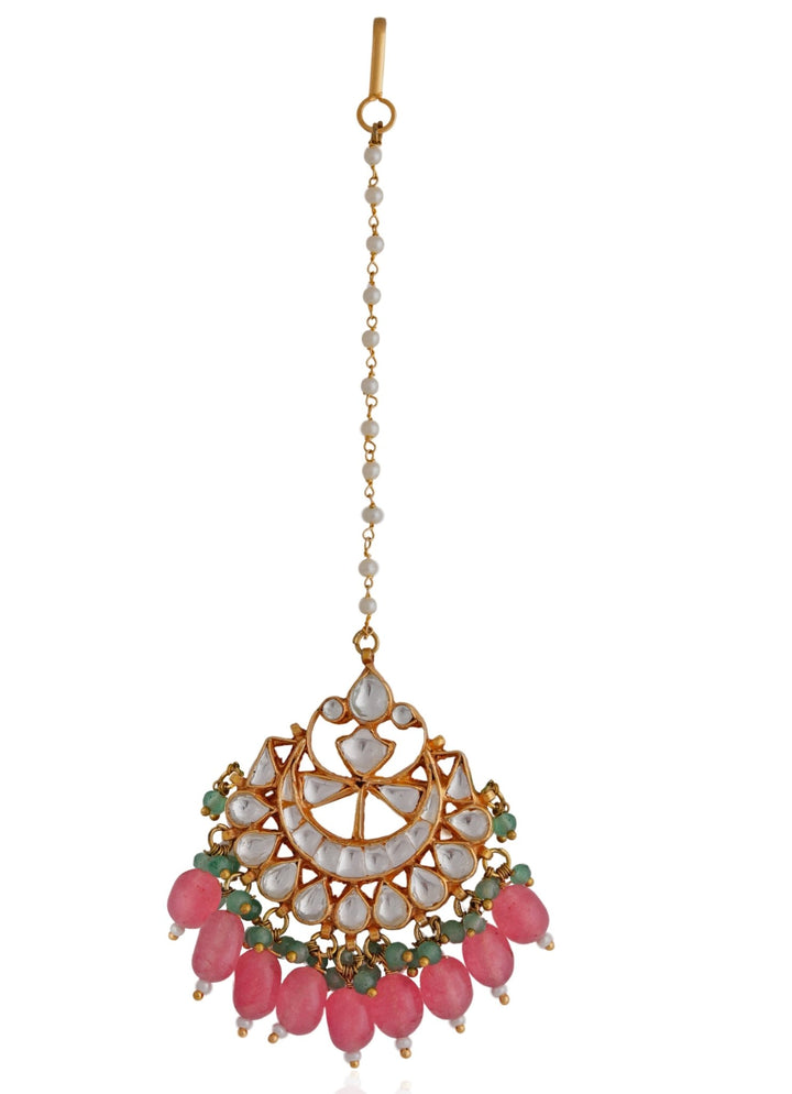 Gold Plated Pink Beaded Maang Tikka Riana by Shikha Jindal - Fabilicious Fashion