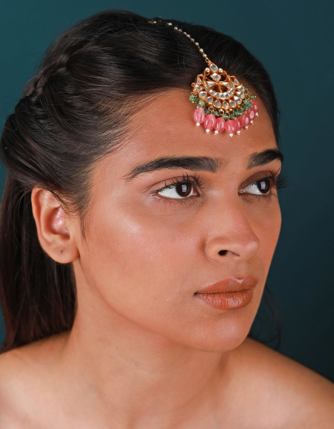 Gold Plated Pink Beaded Maang Tikka Riana by Shikha Jindal - Fabilicious Fashion