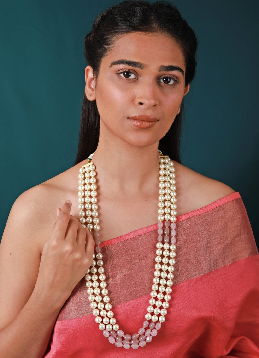 Gold Plated Pink Beaded Pearl Necklace Maala Riana by Shikha Jindal - Fabilicious Fashion