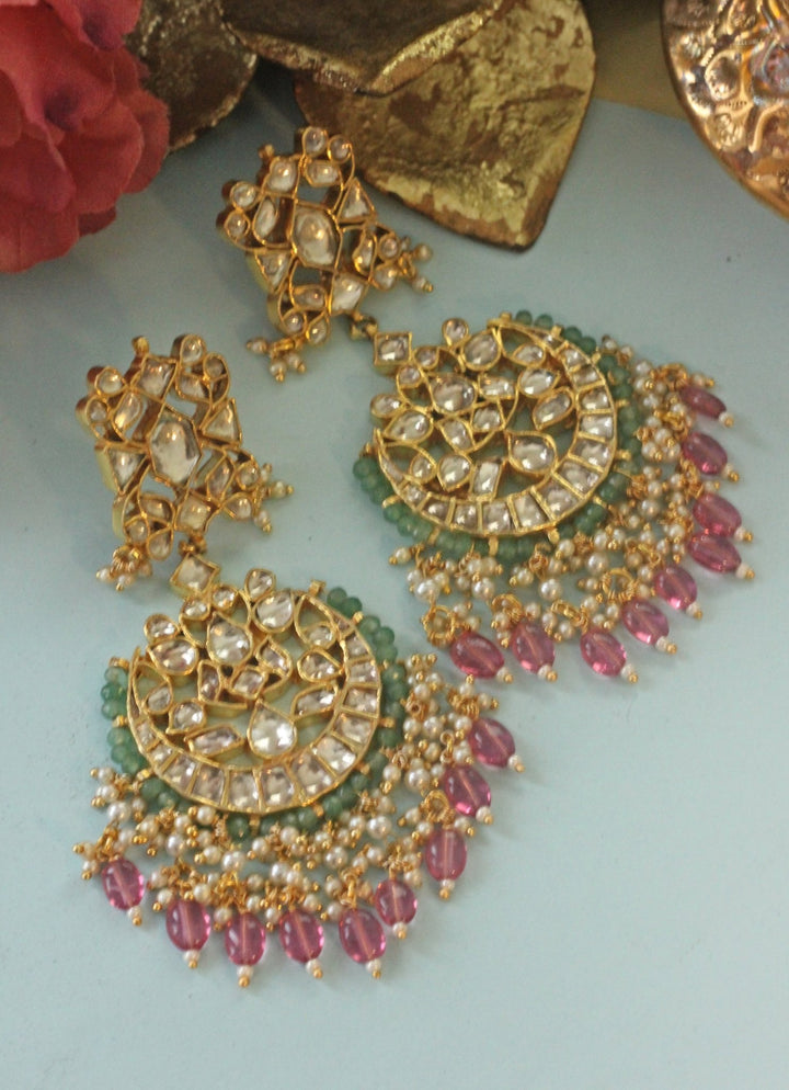 Gold Plated Pink Beads Dangling Earrings Kalyani Indian Jewelry - Fabilicious Fashion
