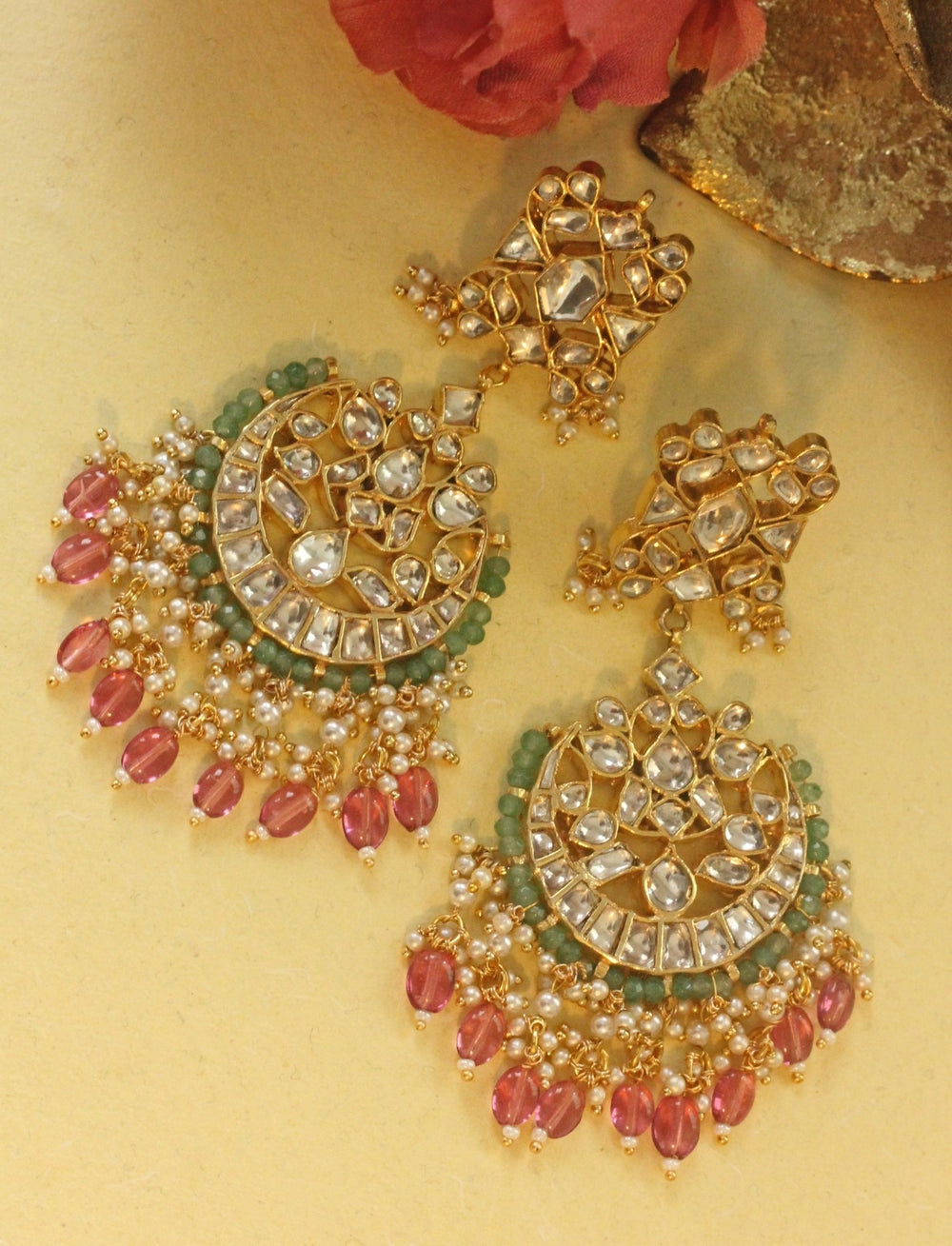 Gold Plated Pink Beads Dangling Earrings Kalyani Indian Jewelry - Fabilicious Fashion