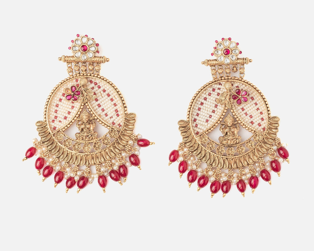 Gold Plated Pink Chandbali Earrings With Maroon Hangings Vivinia by Vidhi Mehra - Fabilicious Fashion