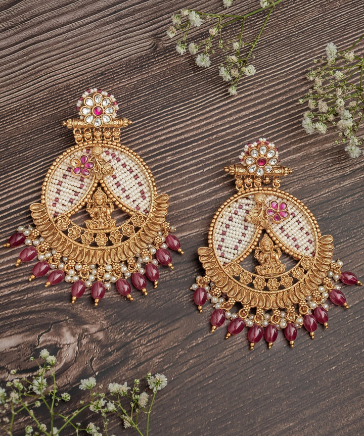 Gold Plated Pink Chandbali Earrings With Maroon Hangings Vivinia by Vidhi Mehra - Fabilicious Fashion