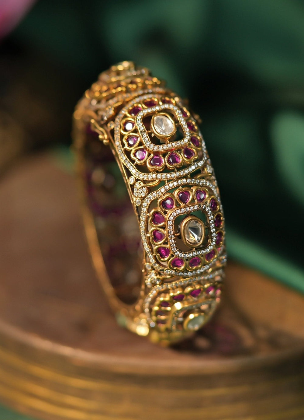 Gold Plated Pink Jadau Kada Bangle Kalyani Indian Jewelry - Fabilicious Fashion