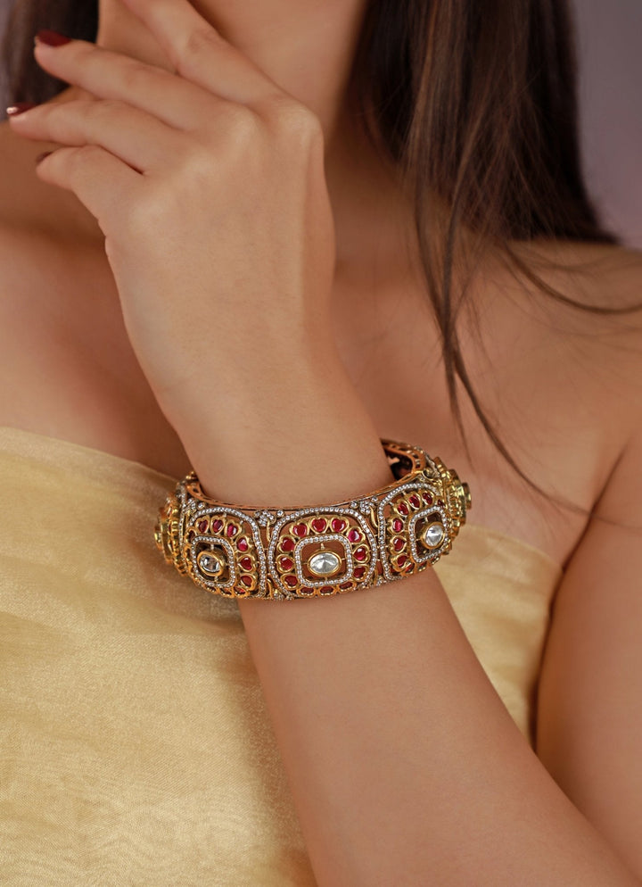 Gold Plated Pink Jadau Kada Bangle Kalyani Indian Jewelry - Fabilicious Fashion