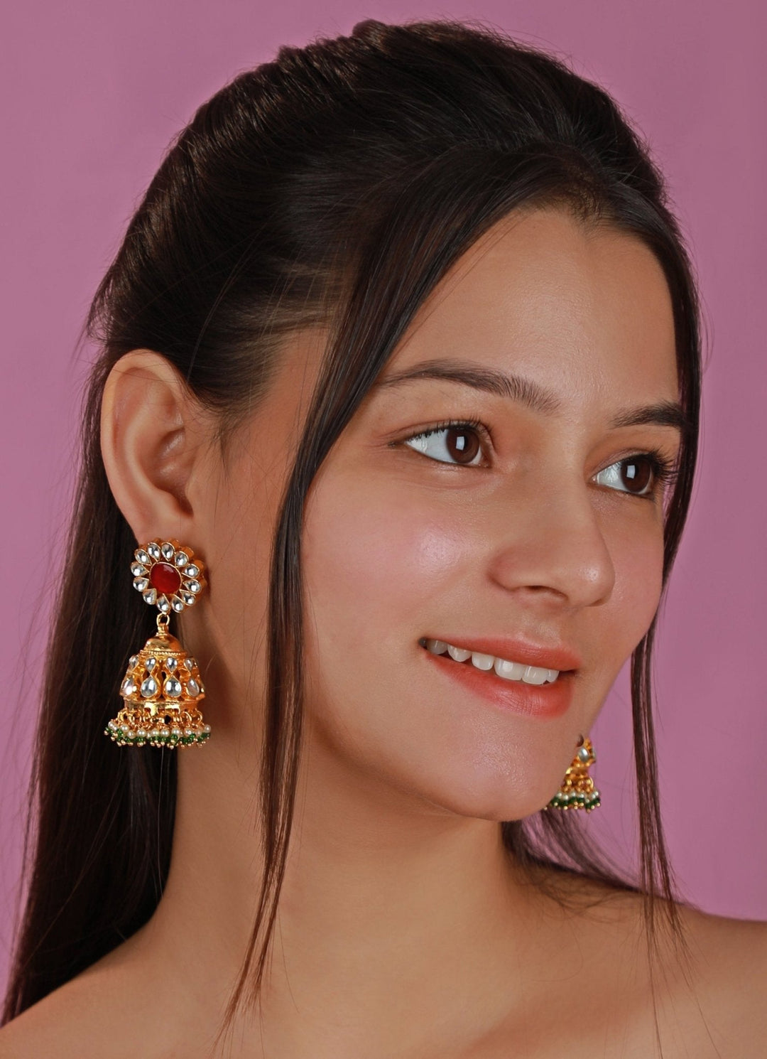 Gold Plated Pink Jadtar Floral Jhumka Earrings Kalyani Indian Jewelry - Fabilicious Fashion