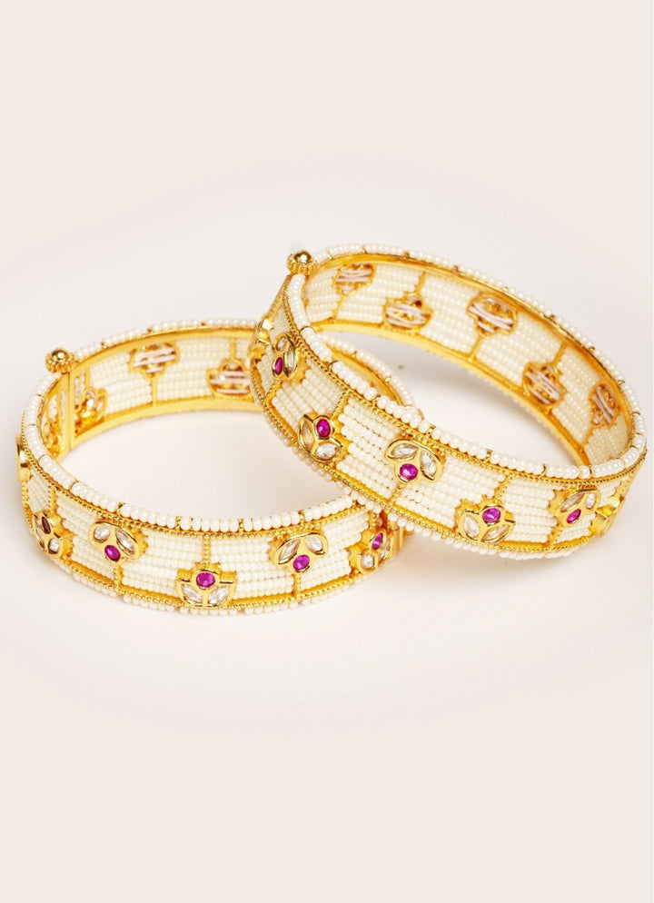 Gold Plated Pink Kundan And Beaded Openable Bangle Set Zevar by Geeta - Fabilicious Fashion